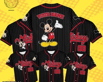 Personalized Disney Mickey Mouse Striped White Jersey, Custom Disneyland Baseball Jersey, Mickey Mouse Birthday Outfit, Gift for Disney Fans