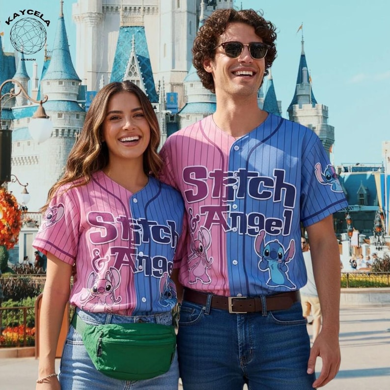 May include: Pink and blue baseball jerseys with the text "Stitch & Angel" and cartoon character graphics. The jerseys have vertical stripes and are worn by two people in front of a castle.