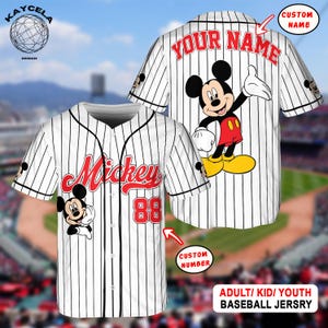 Personalize Disney Mickey Cute Striped White, Custom Kid Youth Adult Baseball Jersey, Baseball Team, Mickey Birthday, Gift for Disney Fans