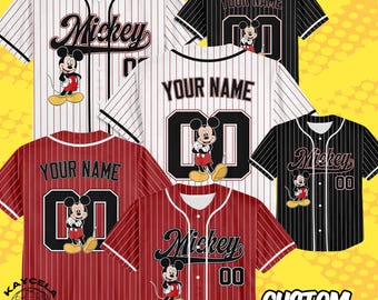 May include: Baseball jerseys in red, black, and white with Mickey Mouse graphics. Some jerseys have the name "Mickey" and the number "00", while others are customizable with "YOUR NAME" and the number "00". The text "CUSTOM ANY REQUEST" is also visible.