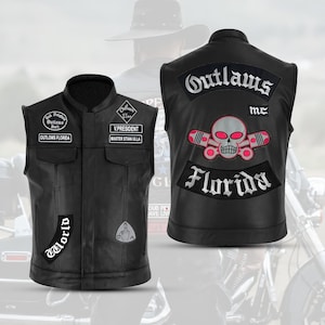 May include: A black leather vest featuring multiple embroidered patches. The front displays text including Outlaws Florida, V.President, and Master Stian Ulla. The back features a large skull and piston graphic with Outlaws and Florida text.