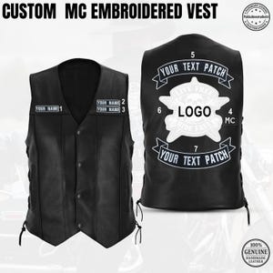May include: A black leather vest featuring a front view with three customisable name patch areas and a back view displaying a large central logo, a skull graphic, the text "LIVE FREE RIDE FREE," and two customisable text patch banners.