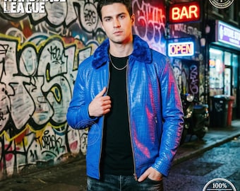 Exotische Alligator Kroko Geprägte Jacke mit Pelz- Blauem Leder Streetwear - Individueller Handgemachter Kroko Druck