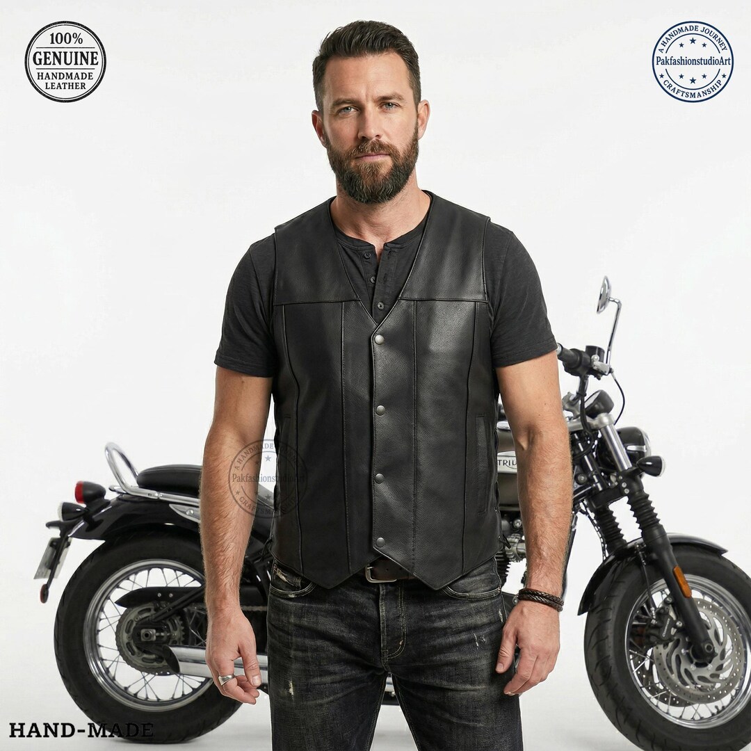 Men's Black Genuine Leather Biker Club Vest - Sleeveless Cowhide