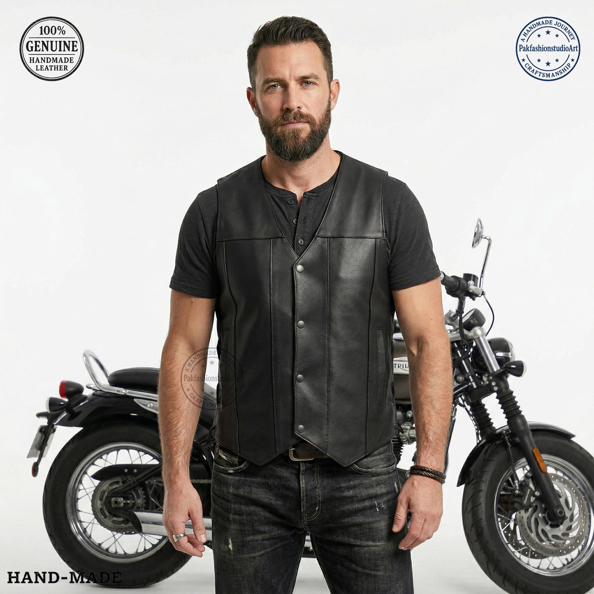 Men's Black Genuine Leather Biker Club Vest - Sleeveless Cowhide