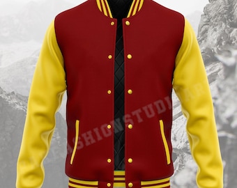 Maroon & Yellow Wool Varsity Jacket: Leather Sleeves, Custom Letterman
