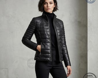 Women's Black Quilted Leather Jacket - Insulated Puffer Biker Coat - Windproof Warm Winter Outerwear