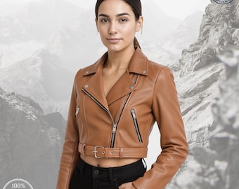 Tan Leather Moto Jacket – Women’s Cropped Biker Style, Western Chic, Custom Designer Streetwear