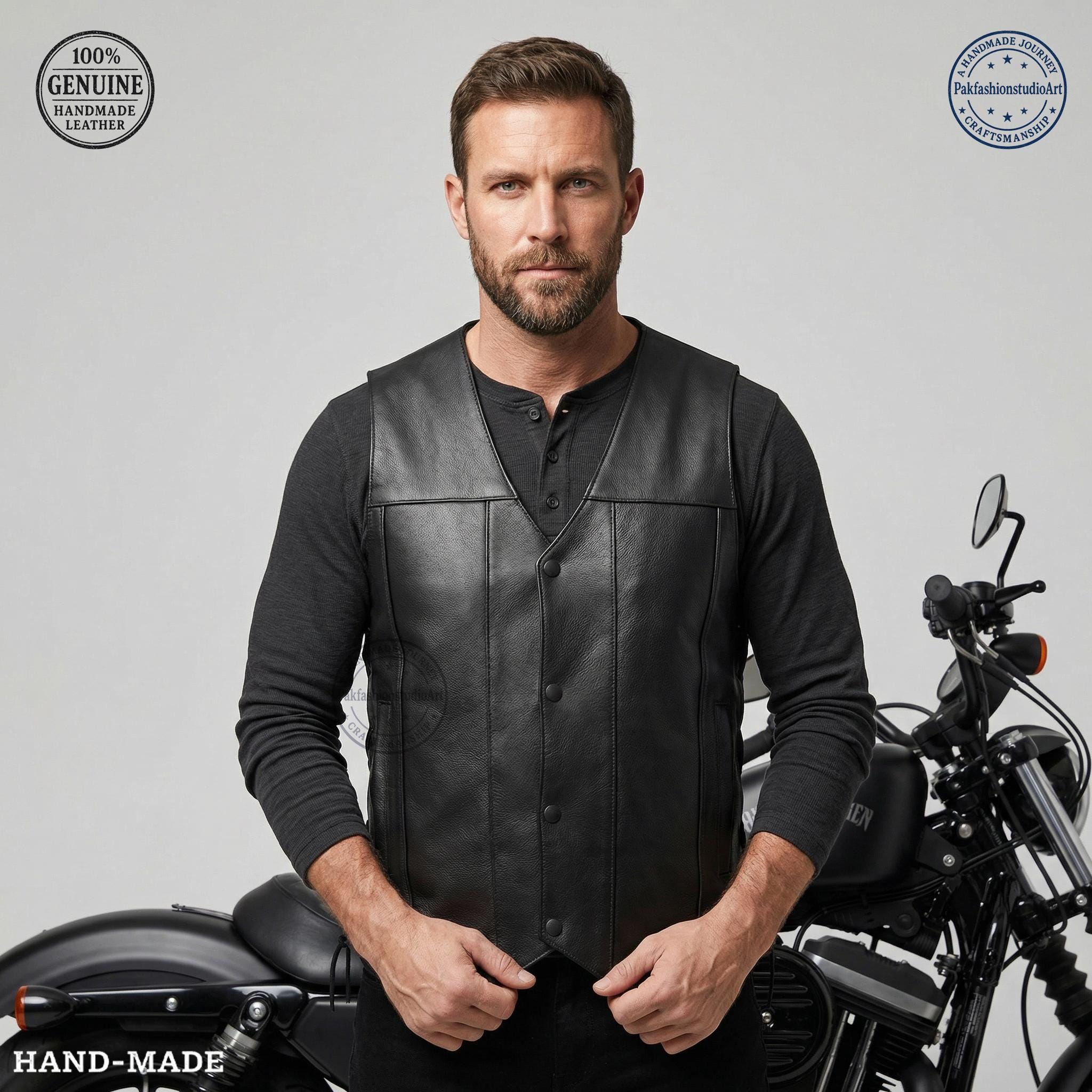 Men's Black Genuine Leather Biker Club Vest - Sleeveless Cowhide