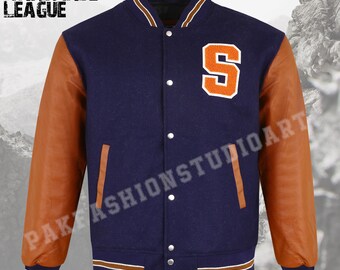 Chaqueta universitaria azul de lana hecha a mano, mangas de cuero marrón – Abrigo universitario retro