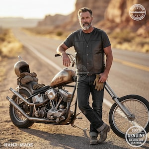 May include: A man poses with a vintage motorcycle on a desert road. He wears a black leather vest, a grey t-shirt, and dark jeans. The motorcycle has a weathered fuel tank and a helmet on the seat. The image includes the text "HAND-MADE" and "100% GENUINE LEATHER".