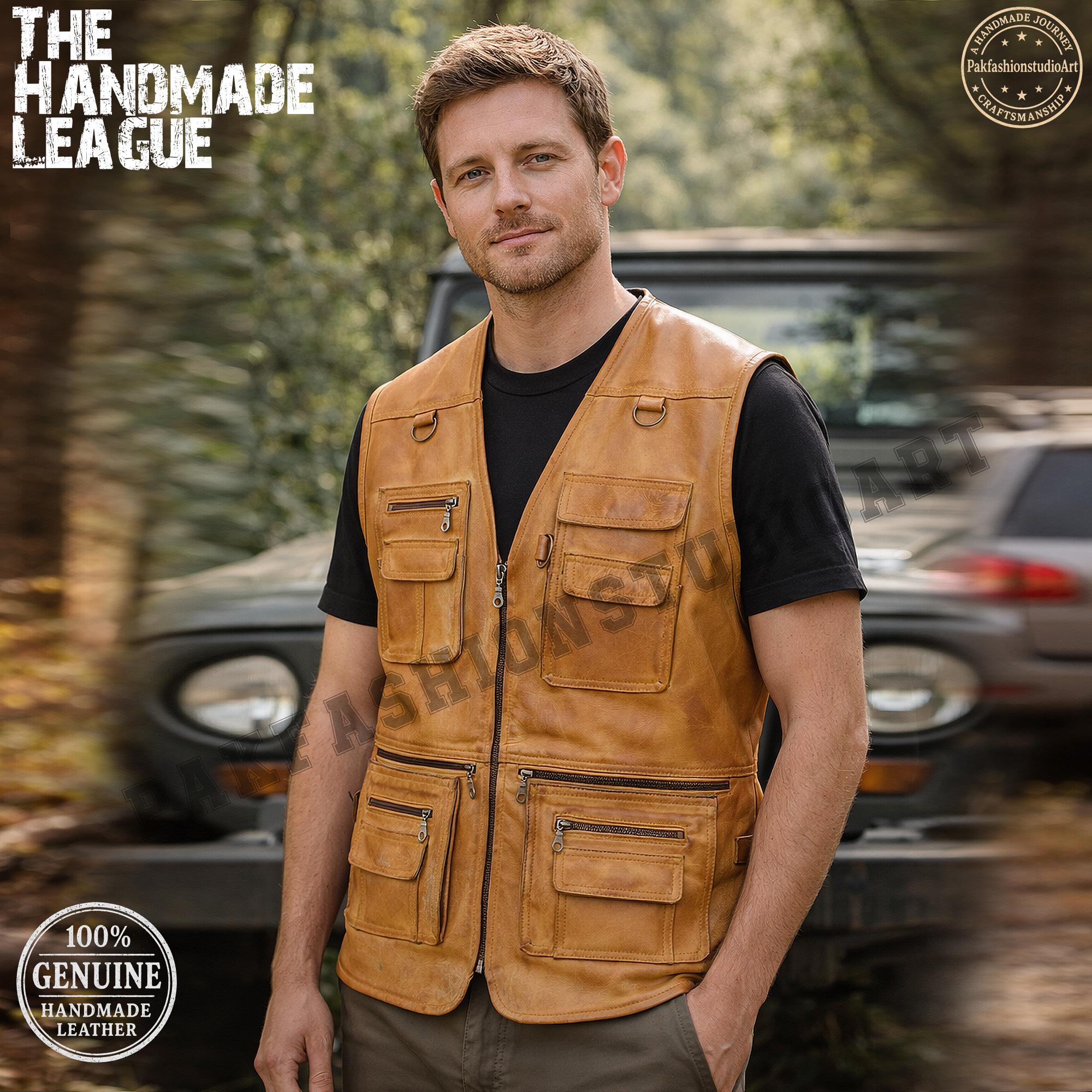 Handmade Leather Hunting & Fishing Vest - Multi-pocket Safari