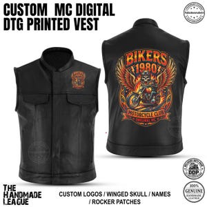 May include: A black sleeveless vest featuring a small graphic on the left chest and a large, colorful back print. The back design displays a skull wearing a helmet on a motorcycle, surrounded by wings and the text BIKERS 1980 MOTORCYCLE CLUB ORIGINAL MC.