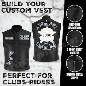 May include: A black leather vest featuring customizable text patches on the front and back, a central logo, two front chest pockets, and a smooth metal zipper closure. The design includes numbered areas for personalization and text labels for features.