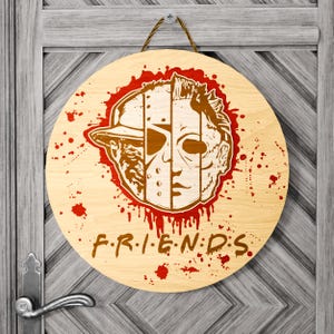 Halloween Horror Movie Friends Sign - Jason and Michael Myers Door Hanger, Spooky Wooden Plaque for Halloween Decor
