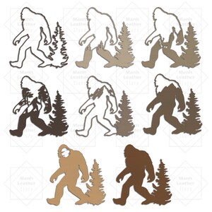 May include: Eight different variations of a Bigfoot silhouette with a forest scene behind it. The Bigfoot is walking to the right and the forest scene is in shades of brown and tan.