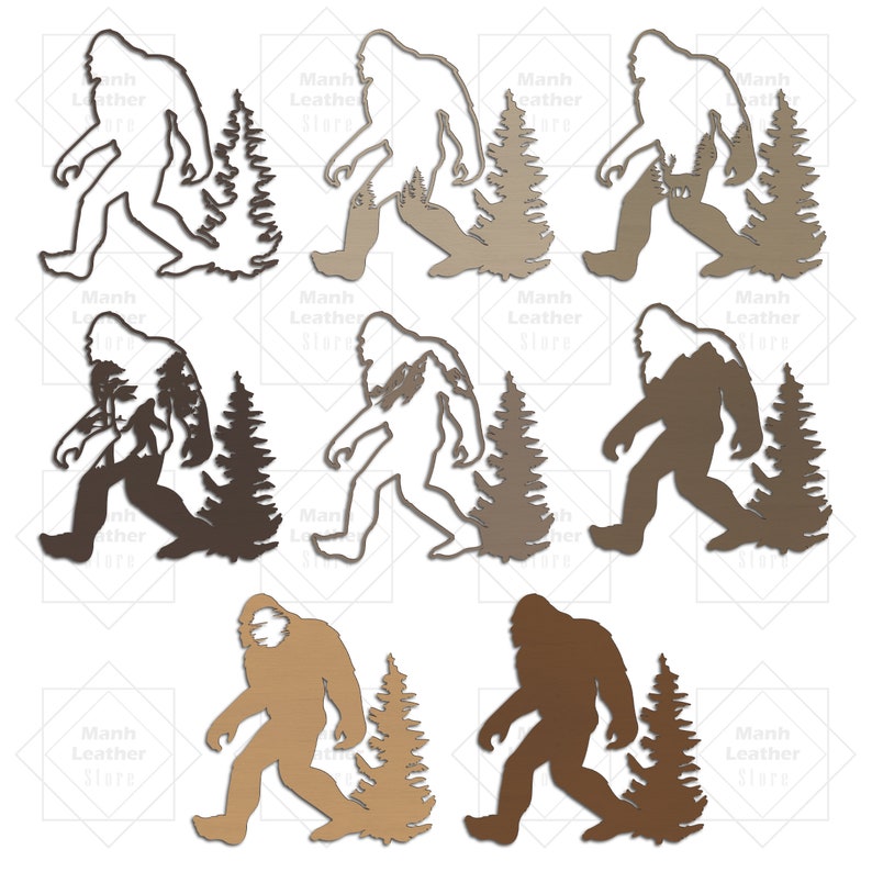 May include: Eight different variations of a Bigfoot silhouette with a forest scene behind it. The Bigfoot is walking to the right and the forest scene is in shades of brown and tan.