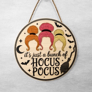 Halloween Witch Sisters Round Sign SVG, Layered Hair Silhouette Laser Cut File, Bats Moon Autumn Door Hanger, Digital Download