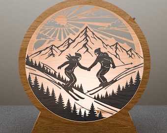 Couple Skiing Mountain Scene Light Box SVG, Laser Cut 3D Lamp (Digital Download)