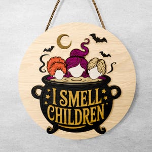 Halloween Witch Cauldron Round Sign SVG, Layered Hair Silhouette Laser Cut File, Bats Moon Autumn Door Hanger, Digital Download