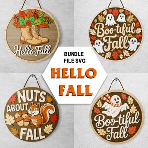 Hello Fall SVG Bundle – Autumn Door Hanger Round Signs – Layered Fall Leaves, Ghosts, Boots, and Squirrel – Laser Cut Files for Glowforge