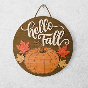 Hello Fall ラウンドサイン SVG、カボチャドアハンガーレーザーカットファイル、ファームハウスの秋の装飾、レイヤード秋 SVG サイン、デジタルダウンロード