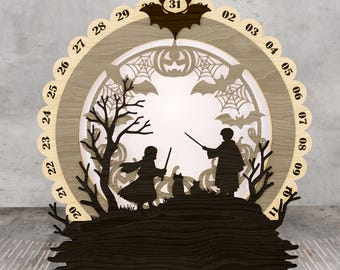 Letrero SVG de cuenta regresiva de Halloween: Bruja cortada a láser y escena espeluznante (descarga digital)