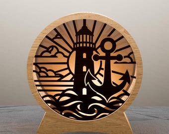 Lighthouse Anchor Lantern SVG – Nautical Laser Cut Light Box Template for Coastal Decor