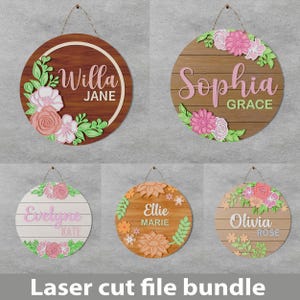 Digital Floral Theme Baby Nursery Name Sign, Flower Name Sign Digital Cut File, Glowforge Nursery Name Layered Floral File, Baby Room Decor