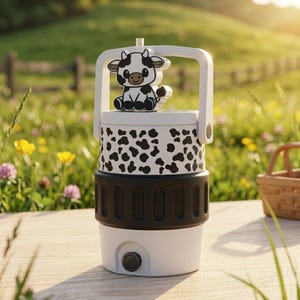 Puede incluir: Una nevera portátil cilíndrica con estampado de manchas de vaca, que incluye una figura de vaca en el asa superior. Presenta una banda central negra texturizada, una base blanca con un pequeño grifo negro y un asa abatible de color blanco.
