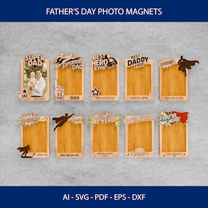 Conjunto de 10 - Pacote SVG com Moldura Magnética para o Dia dos Pais - Porta-fotos Super Pai, Arquivos Recortados a Laser, Presentes para Pai, Arquivos Glowforge