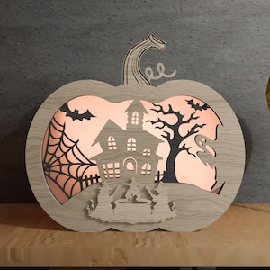 Pumpkin Haunted House Lightbox SVG – Halloween 3D Layered Shadow Box Template for Laser Cutting