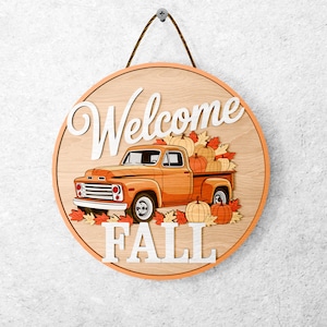 Fall Truck Welcome Sign SVG, Hello Fall Door Hanger SVG, Pumpkin Svg, Fall Porch Door Sign, Layered Wooden Round Wall Decor