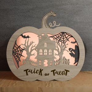 Trick or Treat Haunted House Pumpkin Lightbox SVG - Halloween Layered Laser Cut File