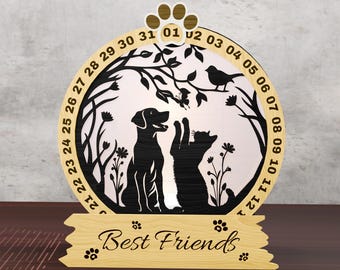 ペットフレンズカウントダウンランプSVG、猫と犬のナイトライトカレンダー、レーザーカットファイル