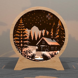 Winter Cabin Night Light SVG – Layered Forest Lodge Lamp Cut File