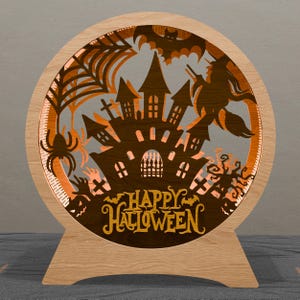 Spooky Halloween Lantern – Haunted Castle Design with Witch, Bats, & Pumpkin – Laser Cut 3D Light for Halloween Decor - Halloween Decor