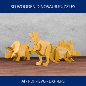 Set van 3 dinosauruspuzzels lasergesneden bestand, 3D-puzzel, dinosaurusspeelgoed, puzzels voor kinderen, houten puzzel SVG, Glowforge-bestand, kinderkamer decor SVG
