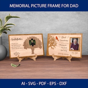 May include: Two wooden memorial picture frames with the text "Memorial Picture Frame for Dad". One frame says "Grandfather" and the other says "Dad". Both frames have a photo and decorative tree design.