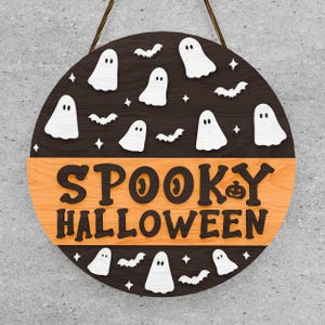 Spooky Halloween Ghost Sign – Round Wood Door Hanger with Bats and Ghosts, Layered Halloween Wall Decor
