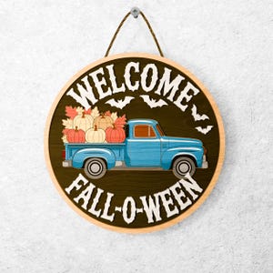 Fall Truck Welcome Sign SVG, Hello Fall Door Hanger SVG, Pumpkin Svg, Fall Porch Door Sign, Layered Wooden Round Wall Decor
