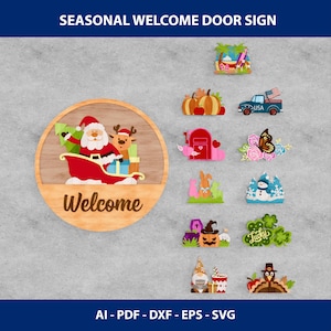 Seasonal Welcome Door Sign SVG Bundle | Interchangeable Holiday Round Sign | Layered Laser Cut Files | Digital File