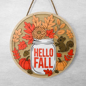 Hello Fall Door Hanger SVG, Autumn Mason Jar Sign with Squirrel, Pumpkin & Leaves, Laser Cut Fall Decor File