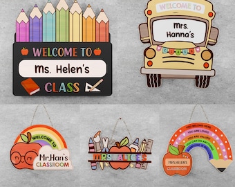 Class Teacher Name Sign, Classroom Welcome Sign, Glowforge Laser File, Round Door Hanger Svg, Teacher Gift, School Welcome Svg
