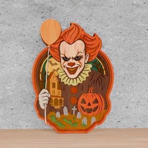 Palhaço assustador de Halloween em várias camadas SVG, arquivo de corte a laser de cemitério de abóboras assustadoras, decoração de carnaval assustadora, personagem de terror SVG, arquivo Glowforge