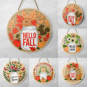 Fall Door Sign SVG Bundle | Hello Fall Mason Jar Pumpkin Sunflower Porch Hanger | Autumn Laser Cut Files for Glowforge Cricut