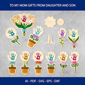 Moederdag handafdruk bloem SVG-set, Happy Mothers Day & First Mothers Day teken, houten cadeau voor moeder, kinderen handafdruk teken Svg, Glowforge-bestand