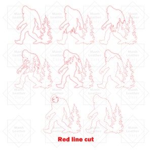 May include: Red line cut design of a Bigfoot walking through a forest. The design is repeated nine times in different sizes and orientations. The design is perfect for crafting projects, such as vinyl decals, stencils, or wood burning.