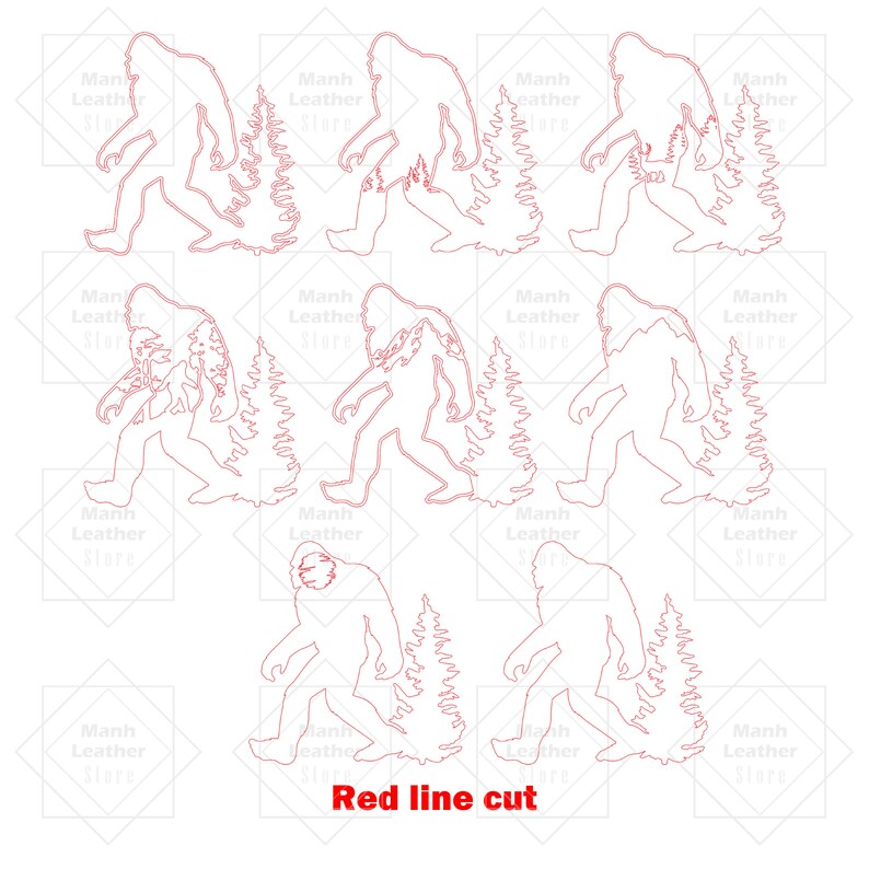May include: Red line cut design of a Bigfoot walking through a forest. The design is repeated nine times in different sizes and orientations. The design is perfect for crafting projects, such as vinyl decals, stencils, or wood burning.