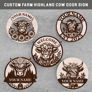 Personalisierte Highland Kuh Türschild SVG - Bauernhaus Willkommen Laser Cut Datei, Türschild SVG, Glowforge Dateien